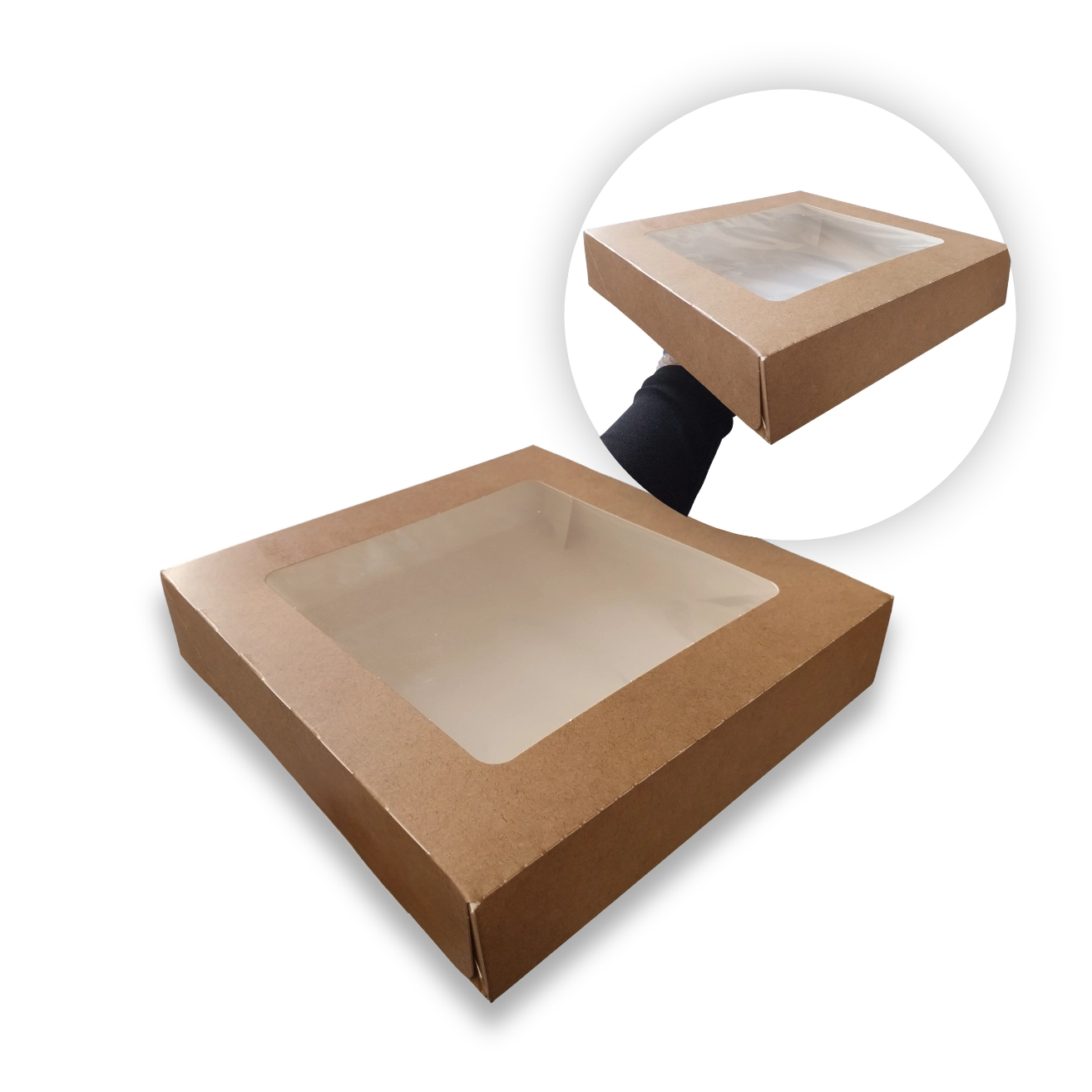 ECO Papírový box s okénkem 250x250x50 mm, na sushi/catering, hnědý [15 ks]