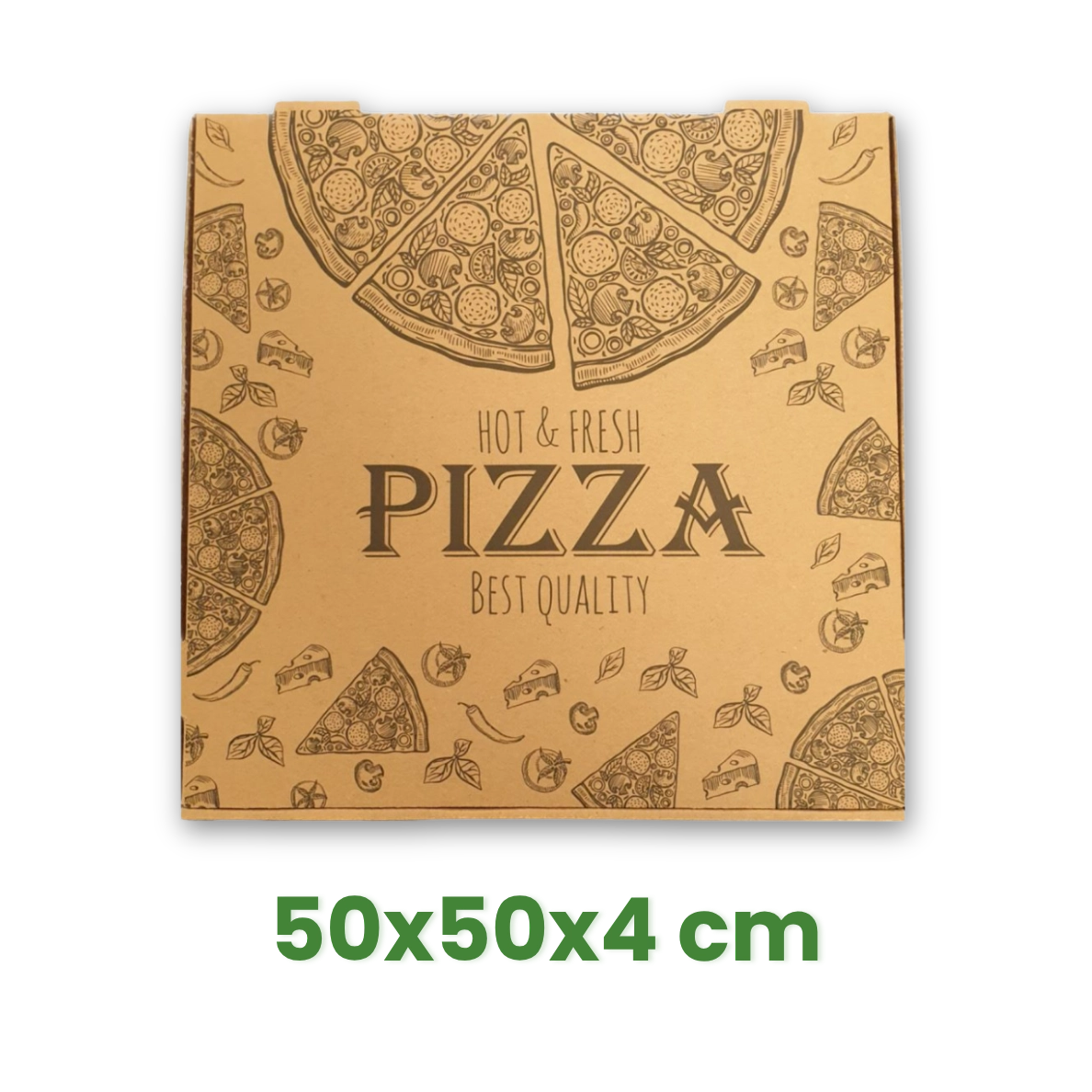 ECO Pizza krabice 50x50x5 cm s potiskem HOT FRESH, Kraft hnědá [50 ks]